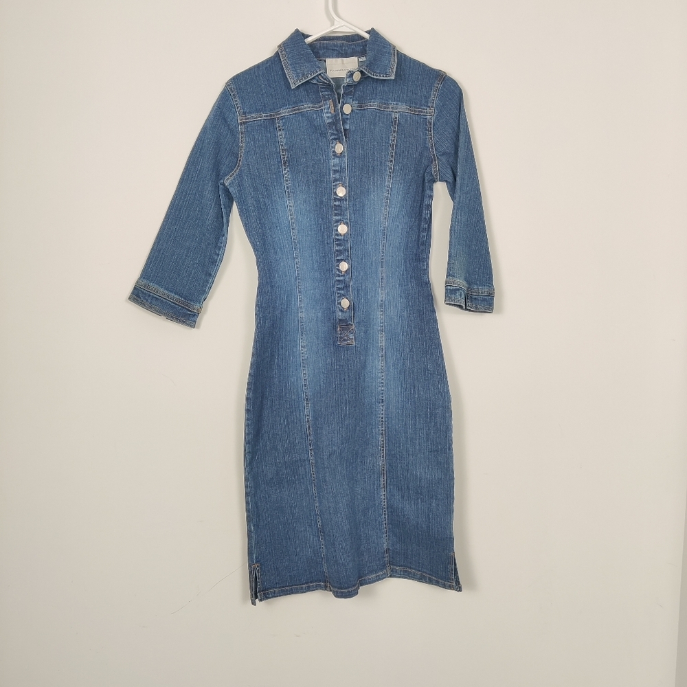Fairweather Blue Denim Knee-Length Buttoned Dress Cotton Bodycon Y2K